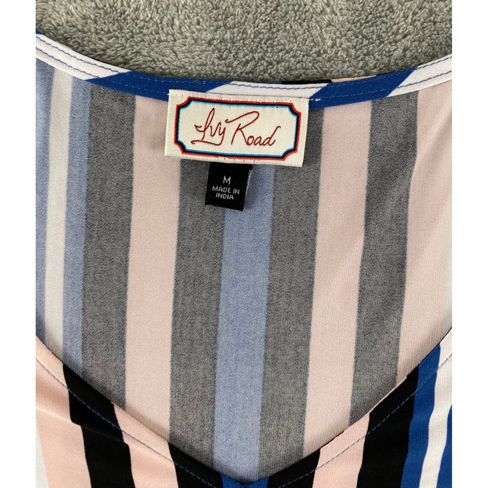 Ivy Road Womens Blue Pink Striped Cold Shoulder V-Neck Flutter Sleeve Dress M - Picture 3 of 12